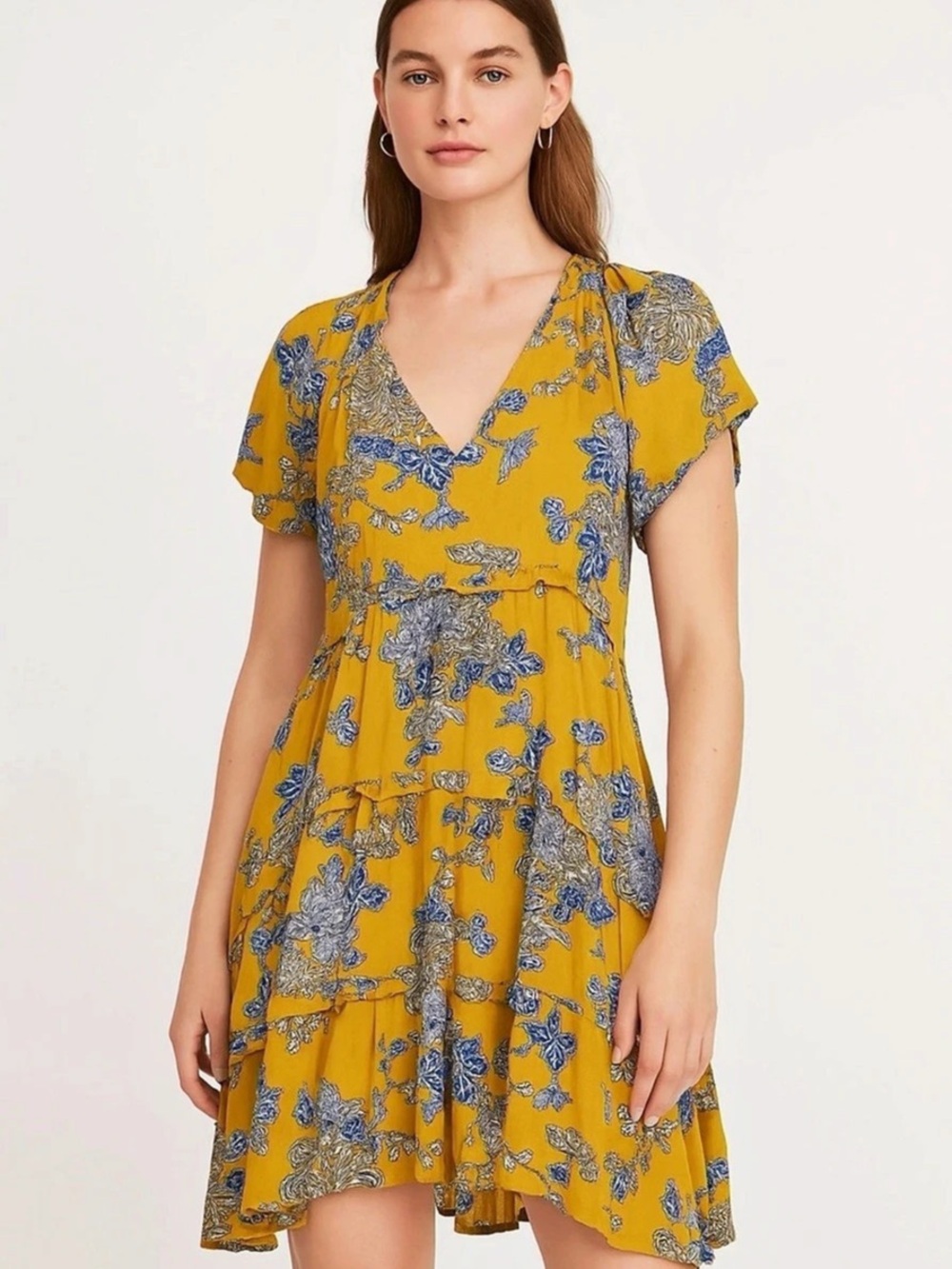 Anthropologie The Shelbie Tiered Mini Dress Yellow & Blue Size XS
